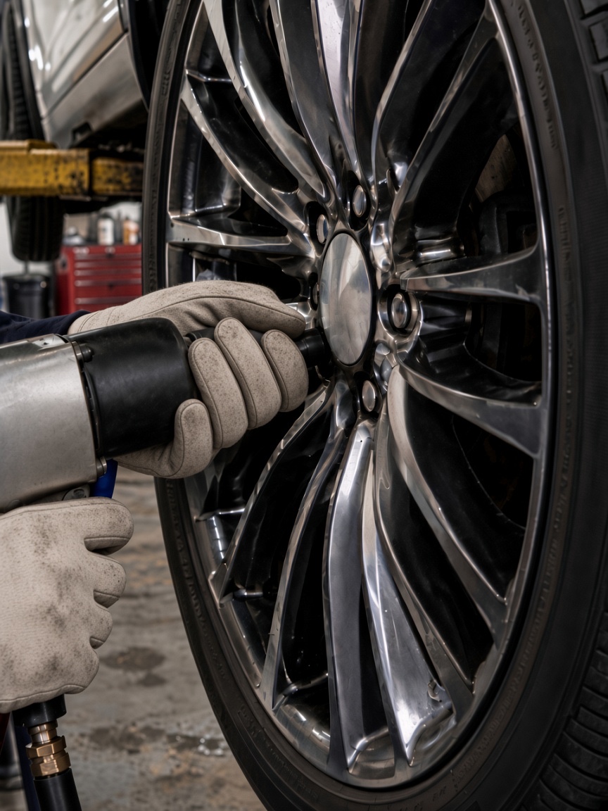 Impact wrench on a wheel during tire installation