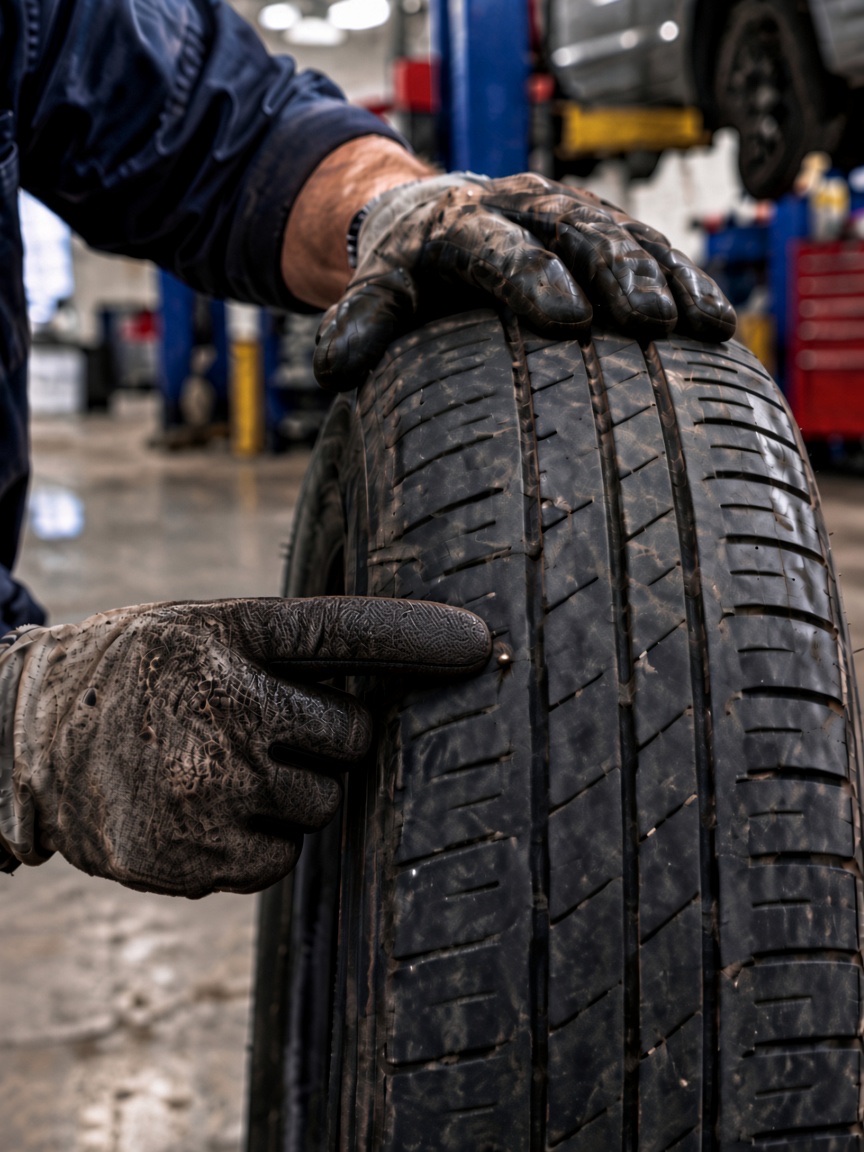 Gloved hands inspecting a punctured tire