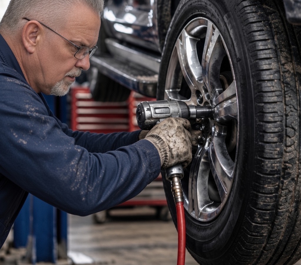 Technician removing a wheel on the lift