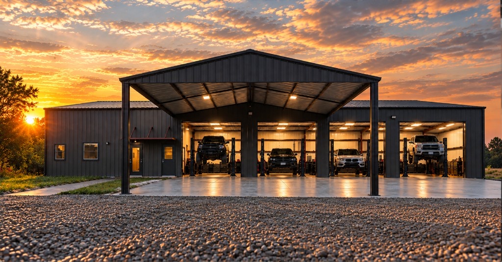 Sunset on the shop with four service bays open