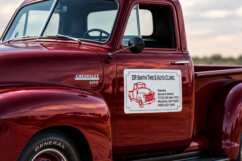 The shop Chevrolet 3100 with the Dr. Smith Tire & Auto Clinic door sign