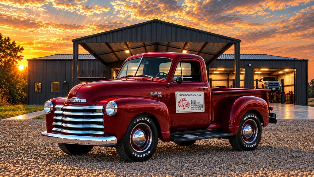 Chevrolet 3100 in front of the shop at sunset